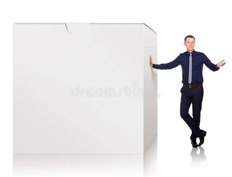 Young Man Explain Advantages Of This Product On White Stock Photo