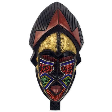 Unicef Market Hand Carved Sese Wood And Brass Wall Mask From West