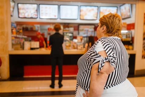 Mujer Gorda En El Menú Del Restaurante De Comida Rápida Persona De Sexo Femenino Con Sobrepeso