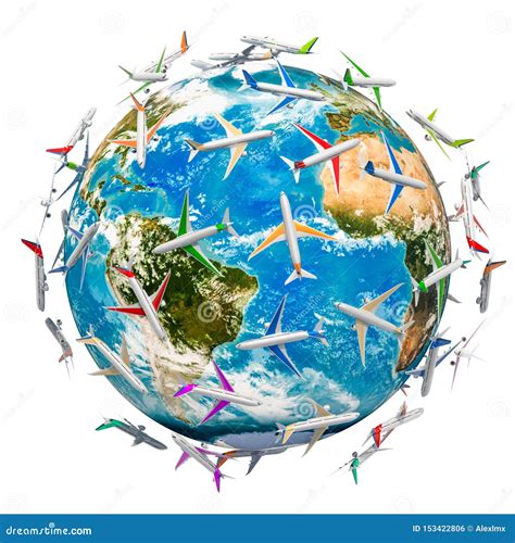 Global Air Travel Concept Airplanes Around The Earth Globe 3d