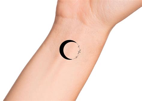 Black Crescent Moon Sparkling Stars Temporary Tattoo Small Cute Moon