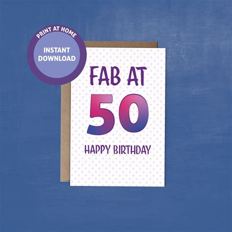 Printable Fab At 50 Card Printable 50 Birthday Card 50th Etsy Canada