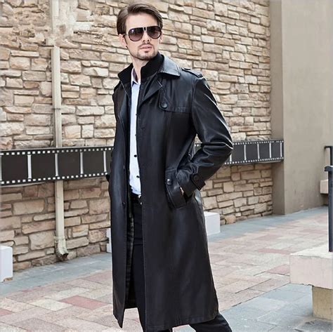 2015 New Brand Men Leather Trench Coat X Long Business Leather Overcoat
