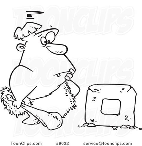 Cartoon Black And White Line Drawing Of A Caveman Trying To Create A