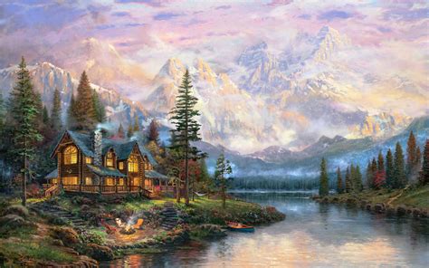 Beautiful Painting Mountains River House Trees