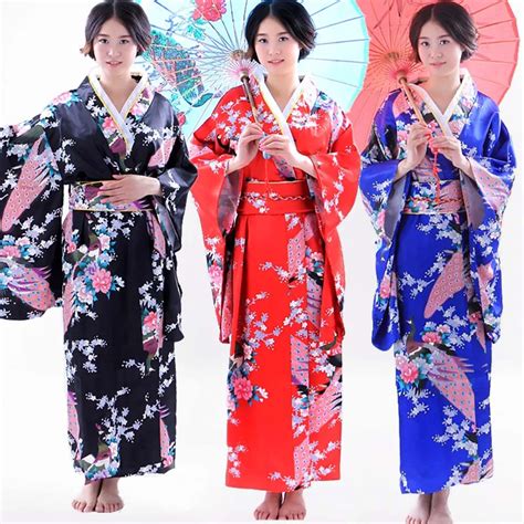 Womens Japanese Kimono Robe Gorgeouse Traditional Peacock Floral Yukata Sakura Printing Kimono