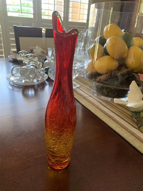 Blenko Crackled Glass Amberina Vase Ebay