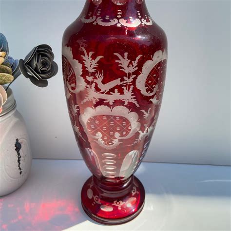 Bohemian Egermann Ruby Flash Etched Vase Vintage Ruby Red Etsy