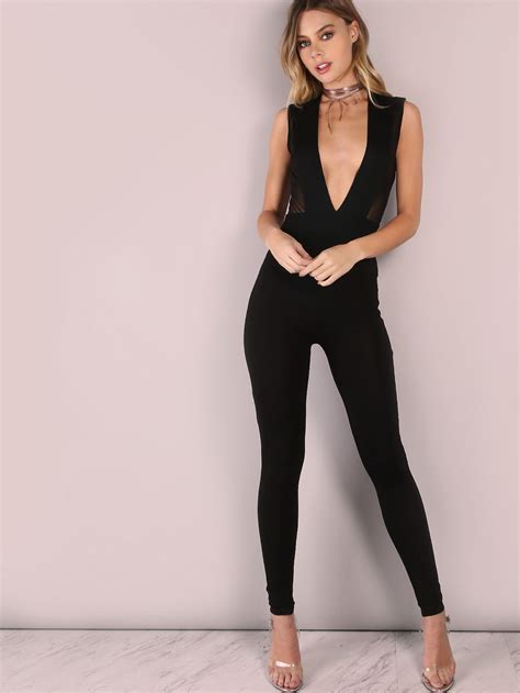 shop black deep v neck sleeveless skinny jumpsuit online shein offers black deep v neck