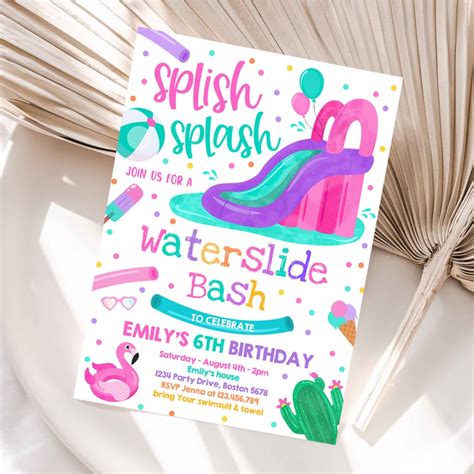 Editable Waterslide Birthday Party Invitation Water Slide Bash Summer
