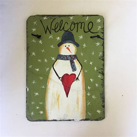 Snowman Welcome Sign Personalized Painted Slate Welcome Sign Etsy
