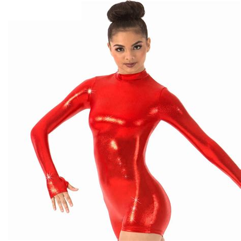 Adults Red Long Sleeve Leotards With Thumb Hole Women Metallic Mock