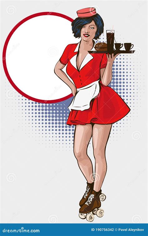 Waitress With Plate On Roller Skates Red Dress Diner Waitress Vector