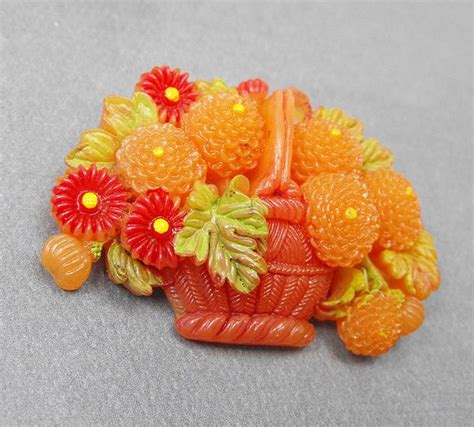 Vintage Carved Celluloid Plastic Flower Basket Brooch Orange Red Mums C Clasp EBay Plastic
