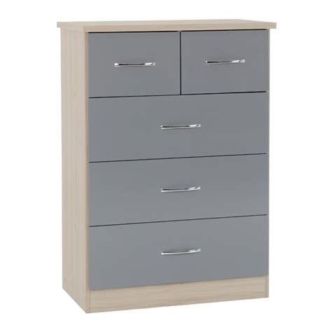 Noir 5 Drawers Chest Of Drawers In Grey Gloss And Light Oak Furniture In Fashion