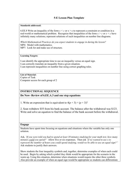 5 E Lesson Plan Template Dps Middle School Math Wiki