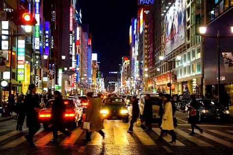 Ginza District In Tokyo Busy Streets Of Ginza At Night Tokyos Most