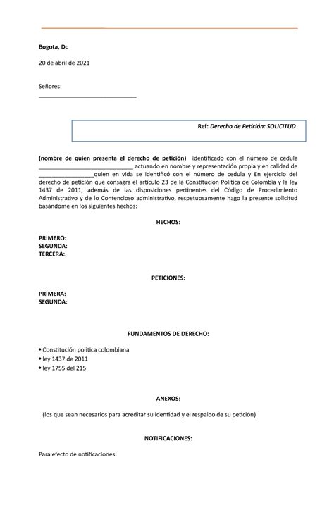 Modelo De Derecho De Peticion Bogota Dc 20 De Abril De 2021 Señores