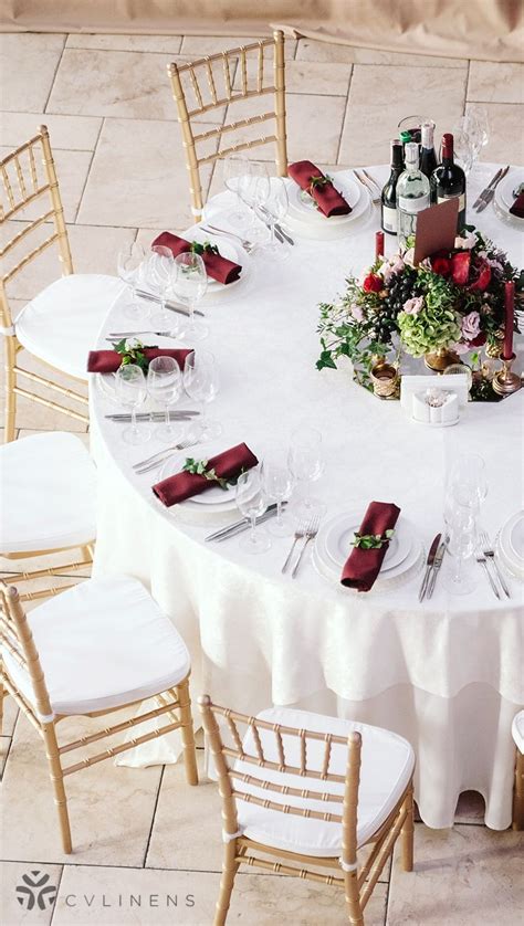 Outdoor Burgundy And White Classic Wedding Reception Table With Gold