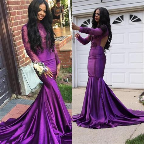 Long Prom Dresses 2019 Purple Elegant Sheer Lace Top Backless Long