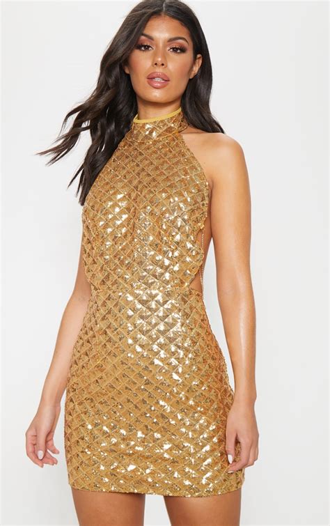 Gold Diamond Sequin Chain Back Bodycon Dress Prettylittlething Il