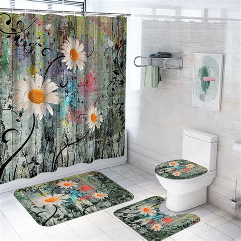 Tamoc 4 Pcs Rustic Daisy Shower Curtain Sets With Non Slip Rug Toilet Lid Cover And Bath Mat