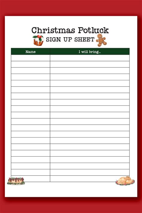 Christmas Potluck Sign Up Sheet Free Printable Work Potluck Potluck