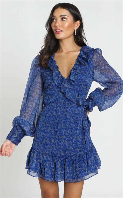 Alesha Long Sleeve Mini Dress In Cobalt Blue Floral Showpo