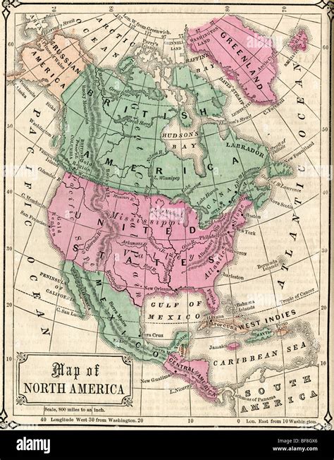 Original Old Map Of North America From 1865 Geography Textbook Stock