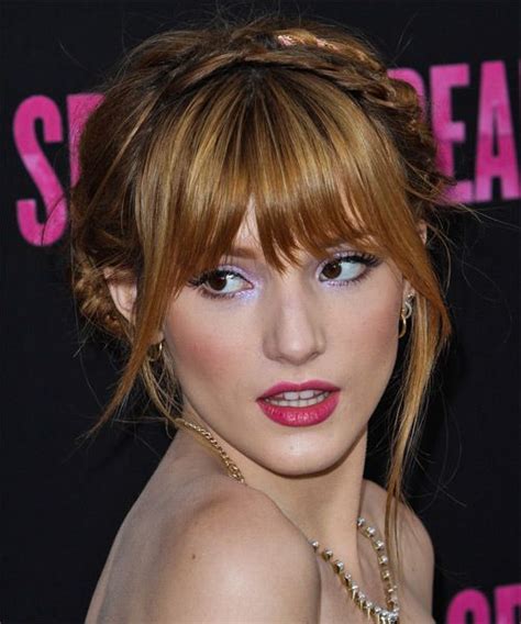 Bella Thorne Long Straight Light Copper Red Updo With Layered Bangs And Blonde Highlights Hair