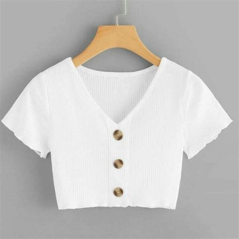 Shein White Button Front Ribbed Crop Top Crop Top Outfits Top