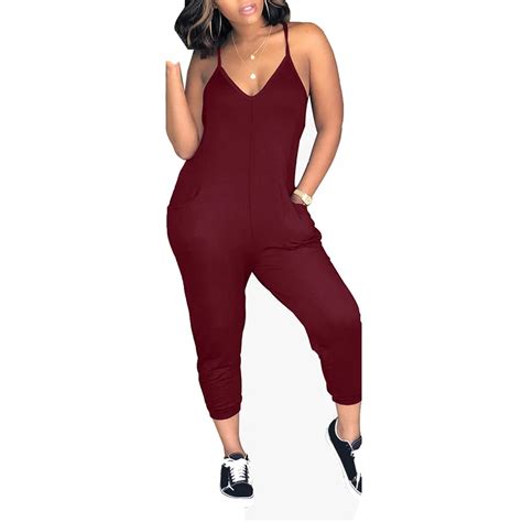 Sexy V Neck Spaghetti Strap Jumpsuits Womens Casual Solid Color Rompers With Pockets Plus Size