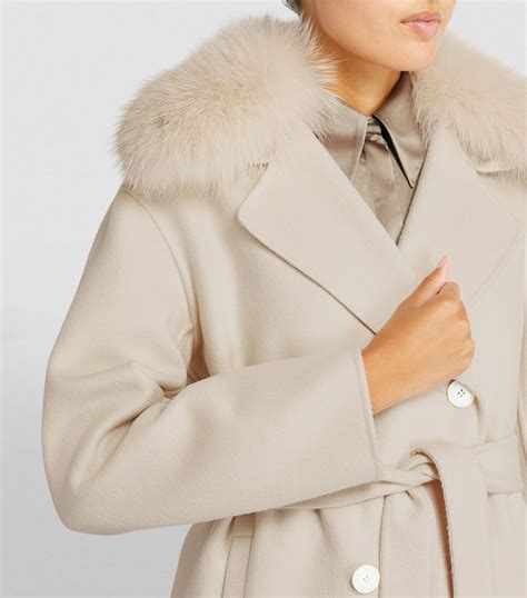 Womens Yves Salomon Beige Wool Cashmere Fur Trimmed Pea Coat Harrods Uk