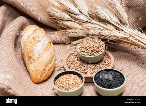 Bread Sesame Seeds And Wheat Grains Stock Photo Alamy