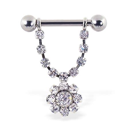 Mspiercing Nipple Ring With Dangling Jeweled Chain And Flower 12 Ga