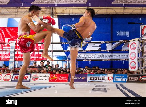 Muay Thai Thai Boxing Two Men Fighting In The Boxing Ring Thailand