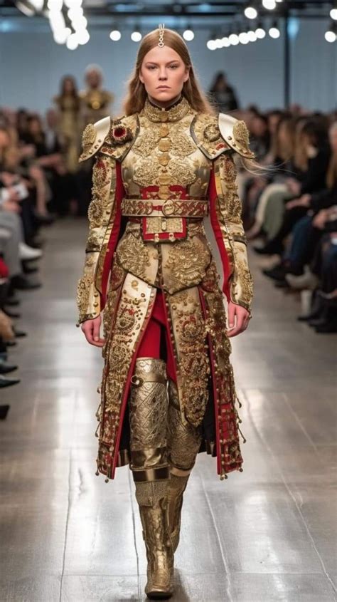 A Woman In Gold And Red Outfit Walking Down A Runway