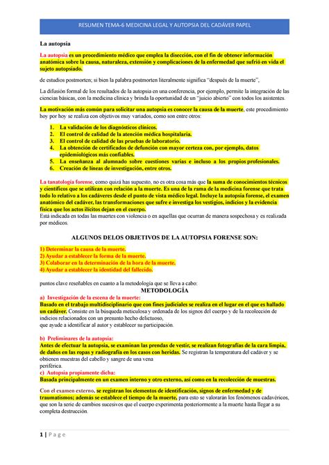 Resumen Tema 6 Medicina Legal Y Autopsia Del Cadaver Papel La