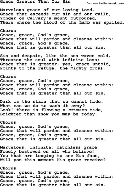 Baptist Hymnal Christian Song Grace Greater Than Our Sin Lyrics With