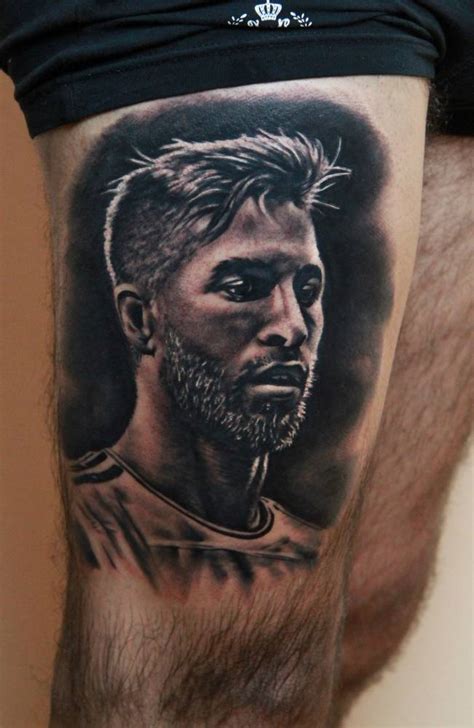 Sergio Ramos Black And Grey Style Portrait Tattoo On