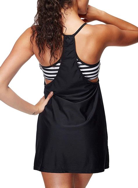Zando Women Two Piece Stripe Swimwear Vintage Skirted Swimdress Black