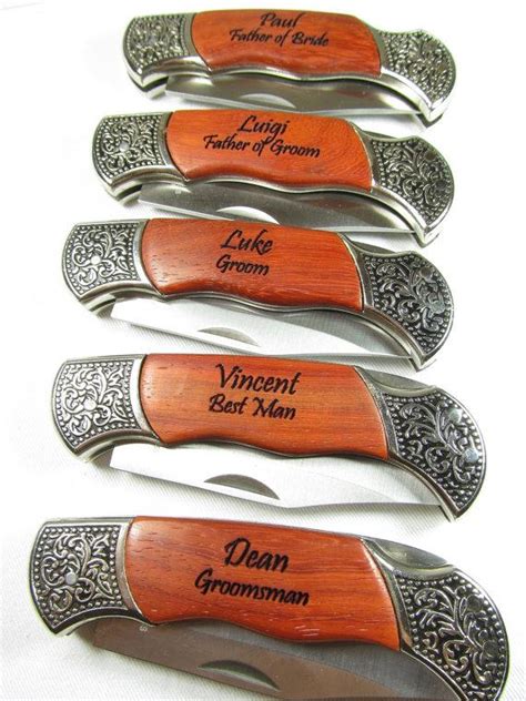 Set Of 5 Personalized Engraved Rosewood Handle Pocket Hunting Knife