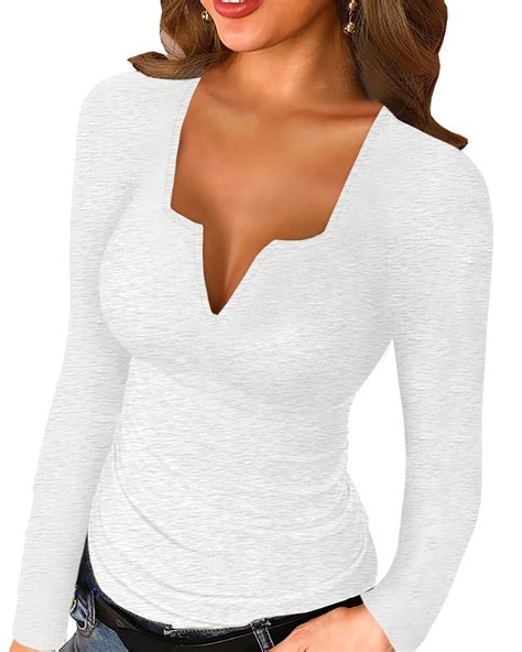 Women Long Sleeve Tops Scoop Neck Low Cut Slim Fitted Henley Shirt Sexy Basic Tee Shirts Tops V
