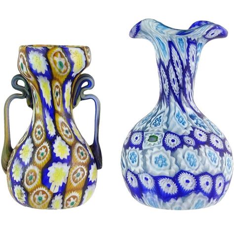 Antique Murano Fratelli Toso Millefiori Flower Mosaic Italian Art Glass Vases A Pair