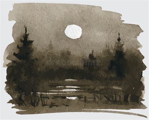 Watercolor Monochrome Drawing Of Landscape Fir Forest In Moonlit Night