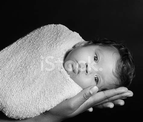 Black And White Portrait Of A Beautiful Biracial Baby Stock Photo