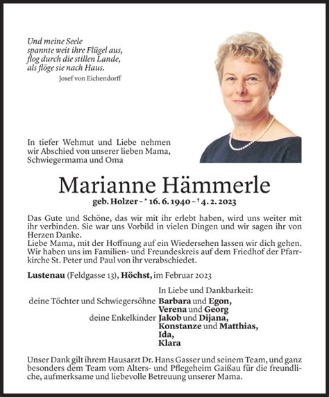 Todesanzeigen Von Marianne H Mmerle Todesanzeigen Vorarlberger
