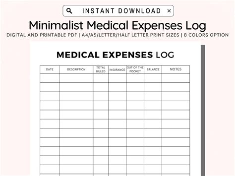 Medical Expense Record Printable Medical Spending Tracker Printable