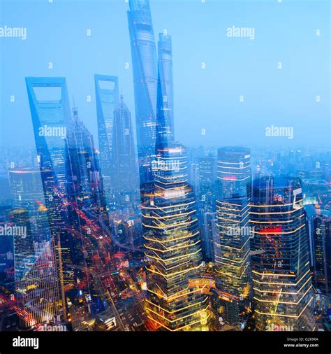 Elevated View Of Lujiazui Shanghai China Double Exposure Since The