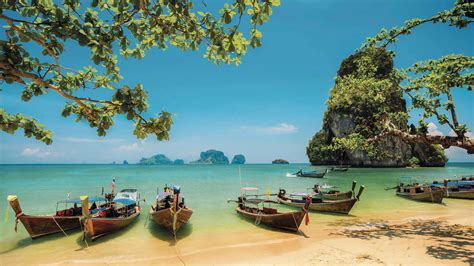 Krabi Thailand Railay Beach Tropical Beach With Limestone Rock Desktop